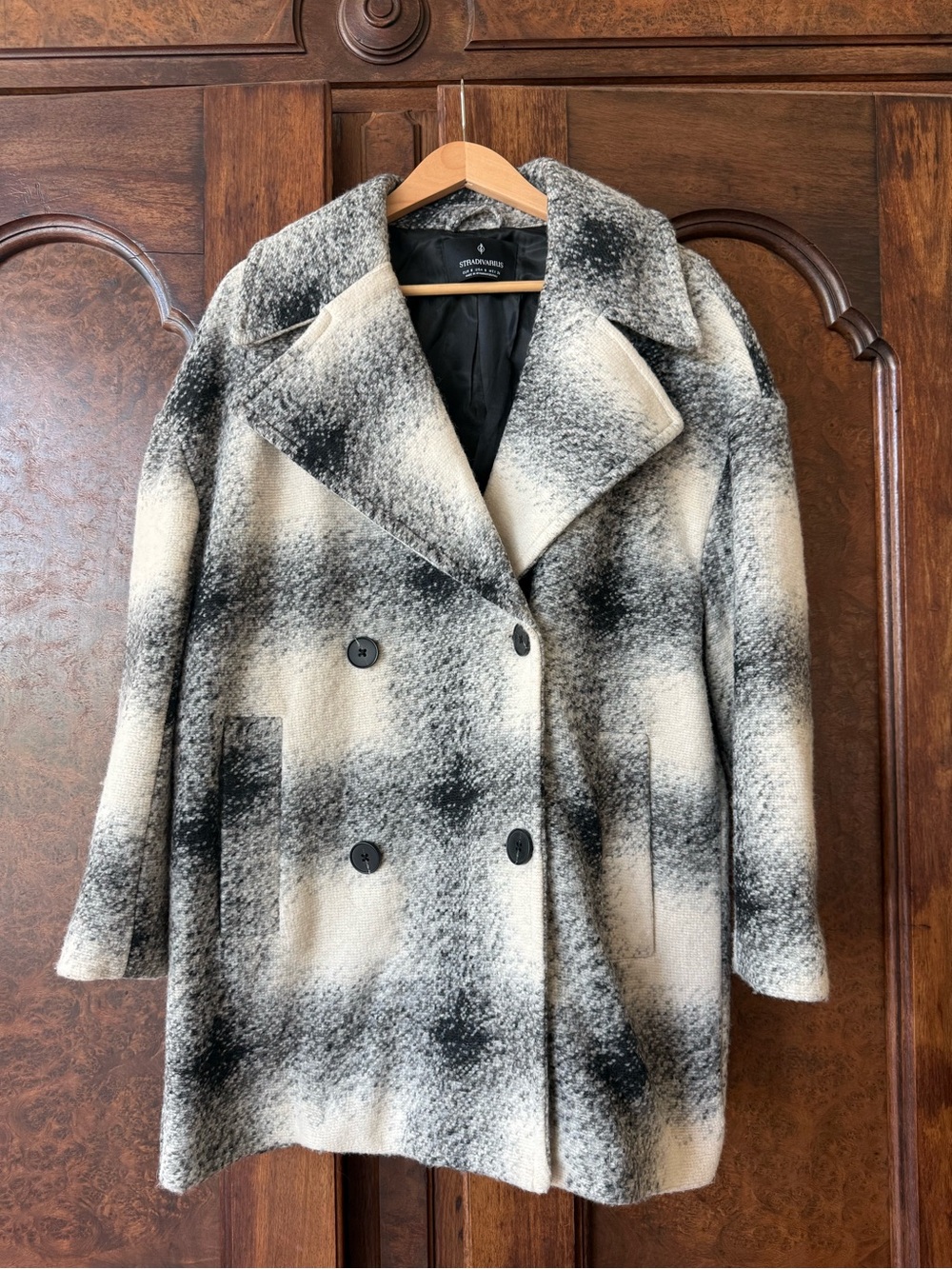 Stradivarius Double-Breasted Plaid Coat